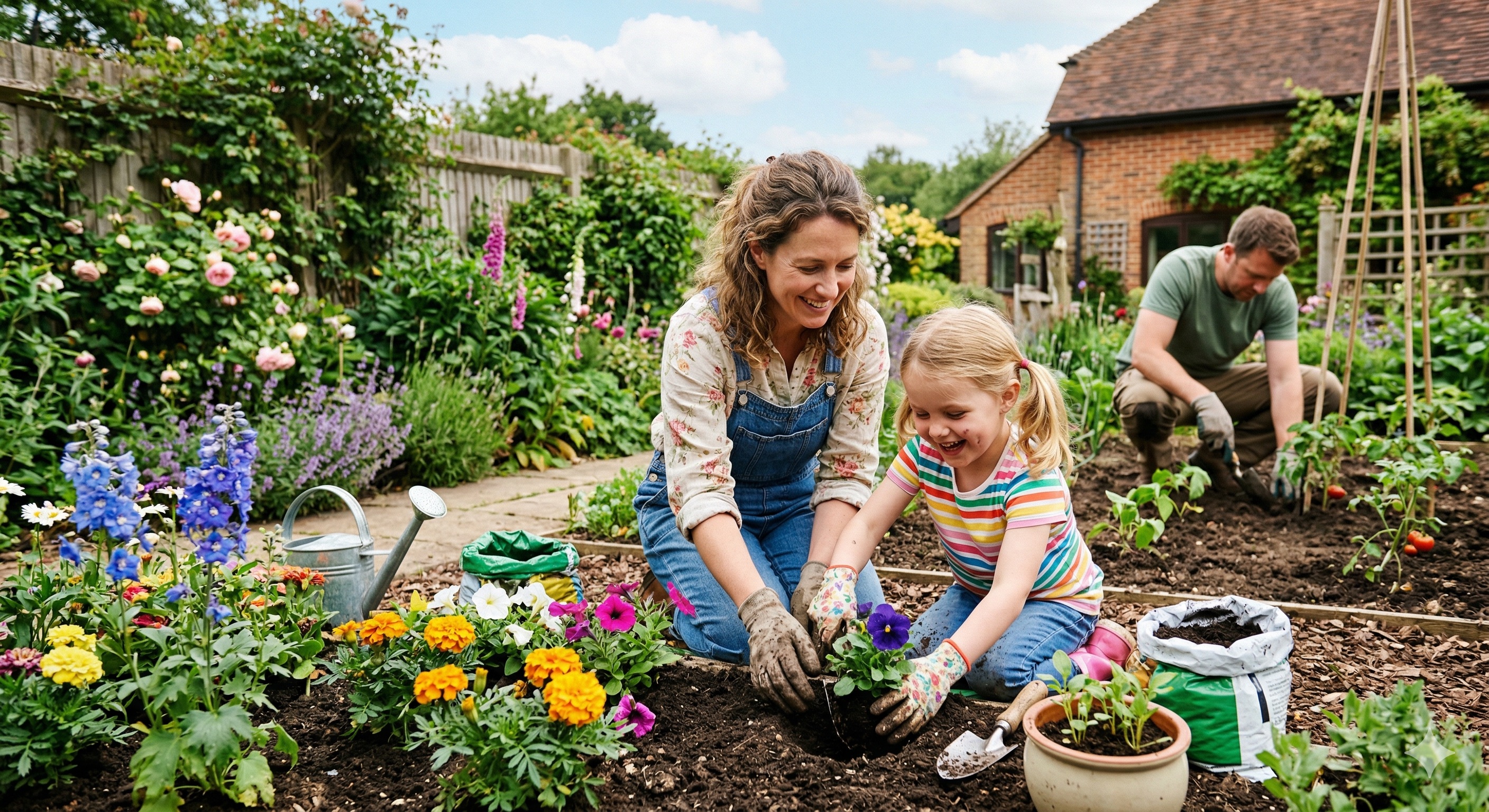 Glückliche Familie bei der Gartenarbeit im Frühling